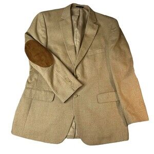 Club Room Herringbone Blazer Sport Coat Elbow Patch Mens 42R Tan Academia